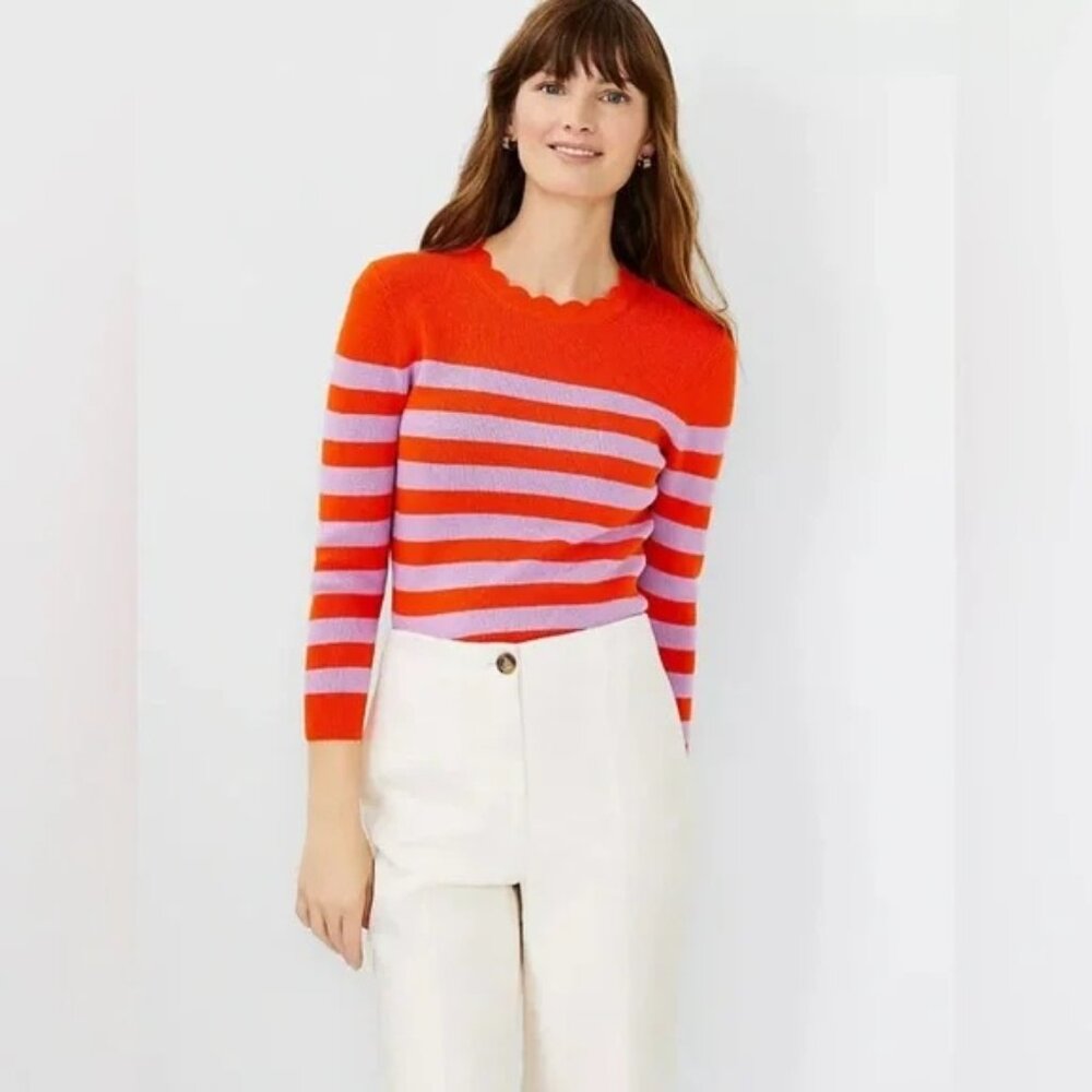 Ann Taylor Striped Scalloped Sweater in Orchid Bloom